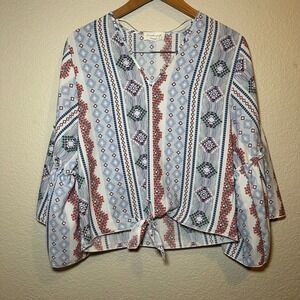 Lavender Field Womens M Blouse Geometric Aztec Print Bell Sleeve Tie Boho Chic